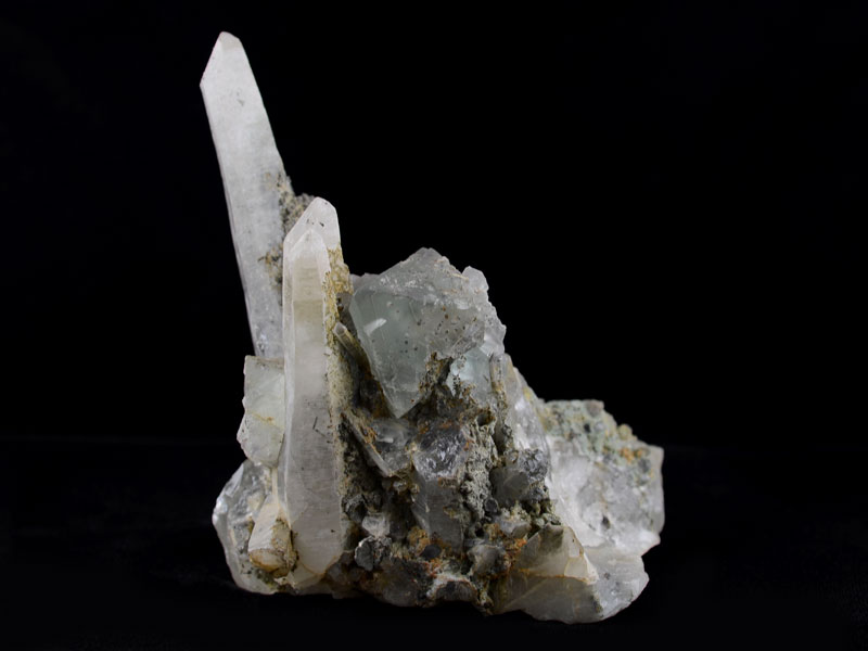 Fluorite octahedron on quartz cluster, 10 cm across