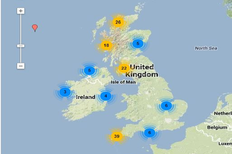 Snapshot of UK map displaying clusters of samples as numbered icons