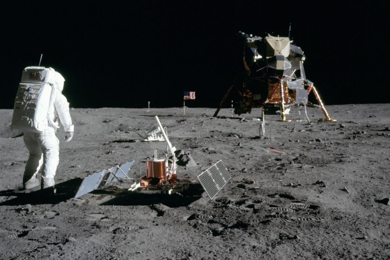 Buzz Aldrin with Moon Lander on surface of the Moon