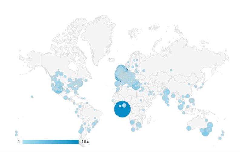 Map with cities represented as blue circles whose relative sizes show numbers of virtual microscope users