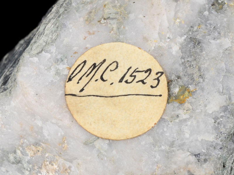 Label on galena and quartz cluster